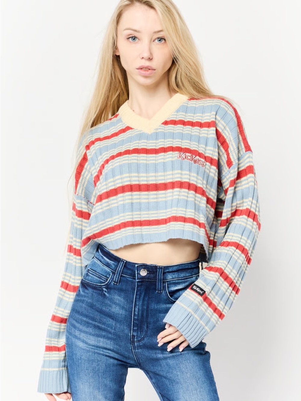 Kickers Retro Cropped Women's V-Neck Striped Knit Sweater